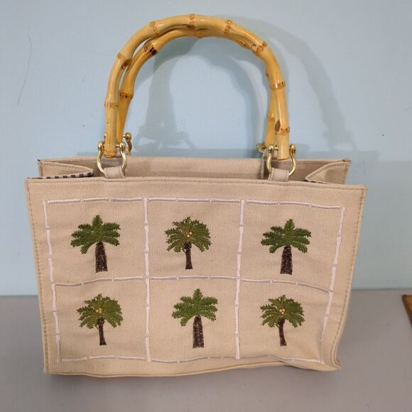 Vintage Tiannl canvas flip-flop purse, wooden handles, lined, embroidery… - Picture 1 of 5